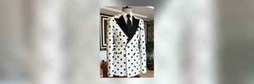Men's Slim Fit White Black Polka Dot Double Breasted Blazer Satin Peak Lapel Jacket