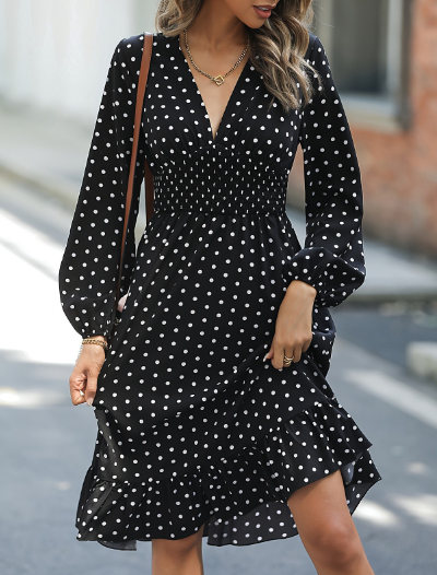 Polka Dot Long Sleeve Dress for Waist Slimming