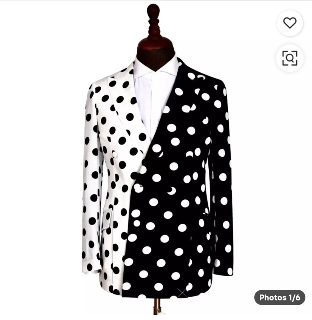 Men's Black & White Big Dot Peak Lapel Blazer