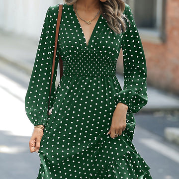 Polka Dot Long Sleeve Dress for Waist Slimming