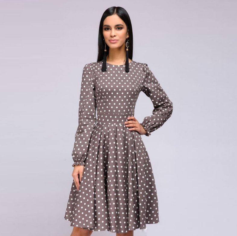 Polka Dot Long Sleeve Casual Mid-Length Dress