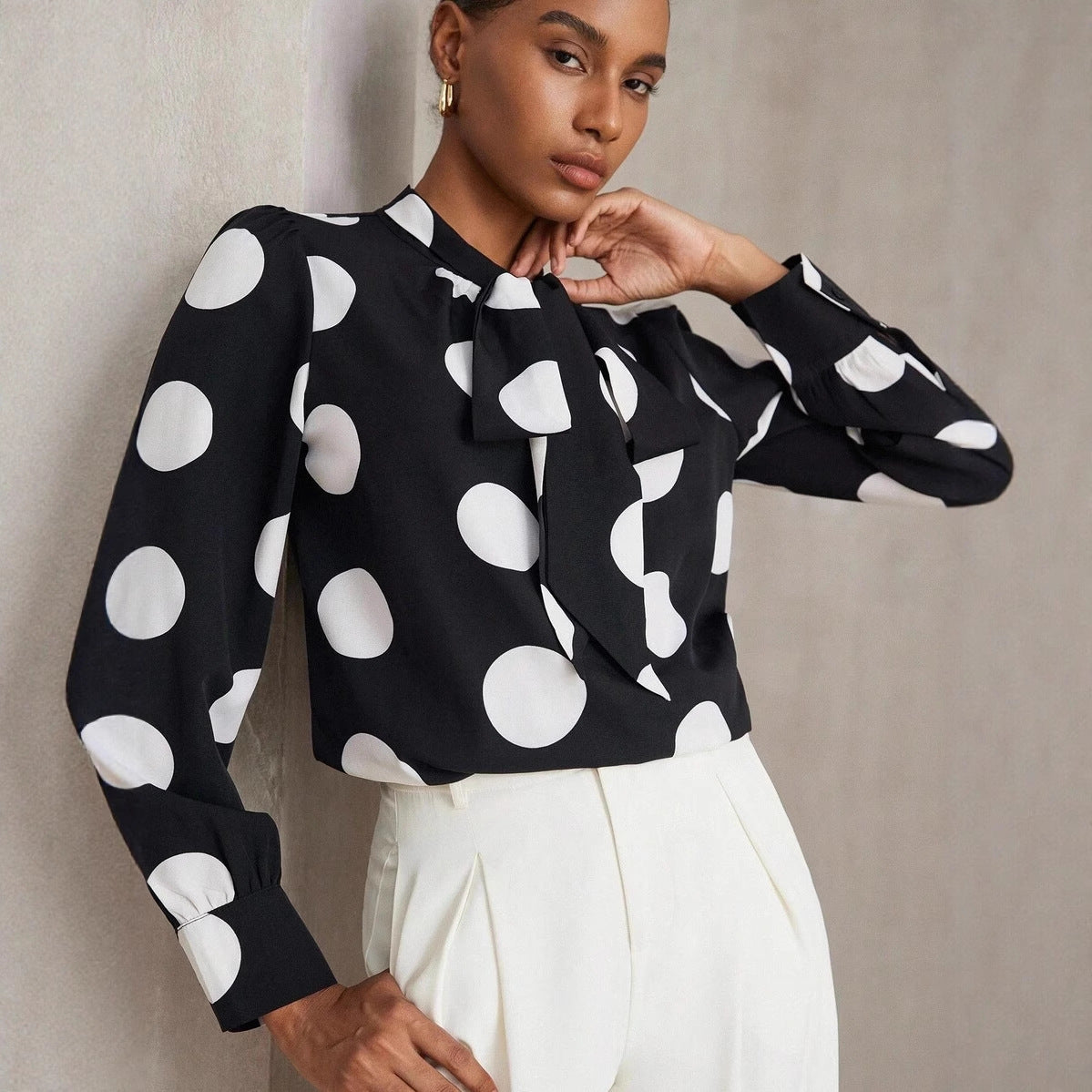 Versatile Polka-dot Long-sleeve Shirt Retro Top