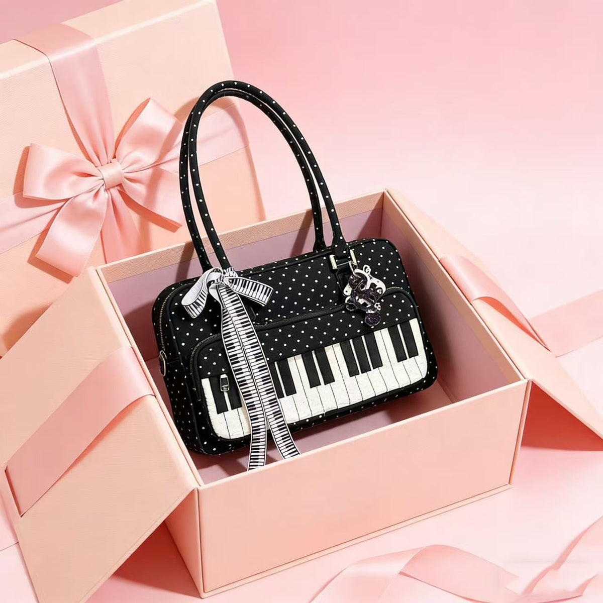 Lightweight Abeibi Polka-Dot Black And White Piano Key Shoulder Bag