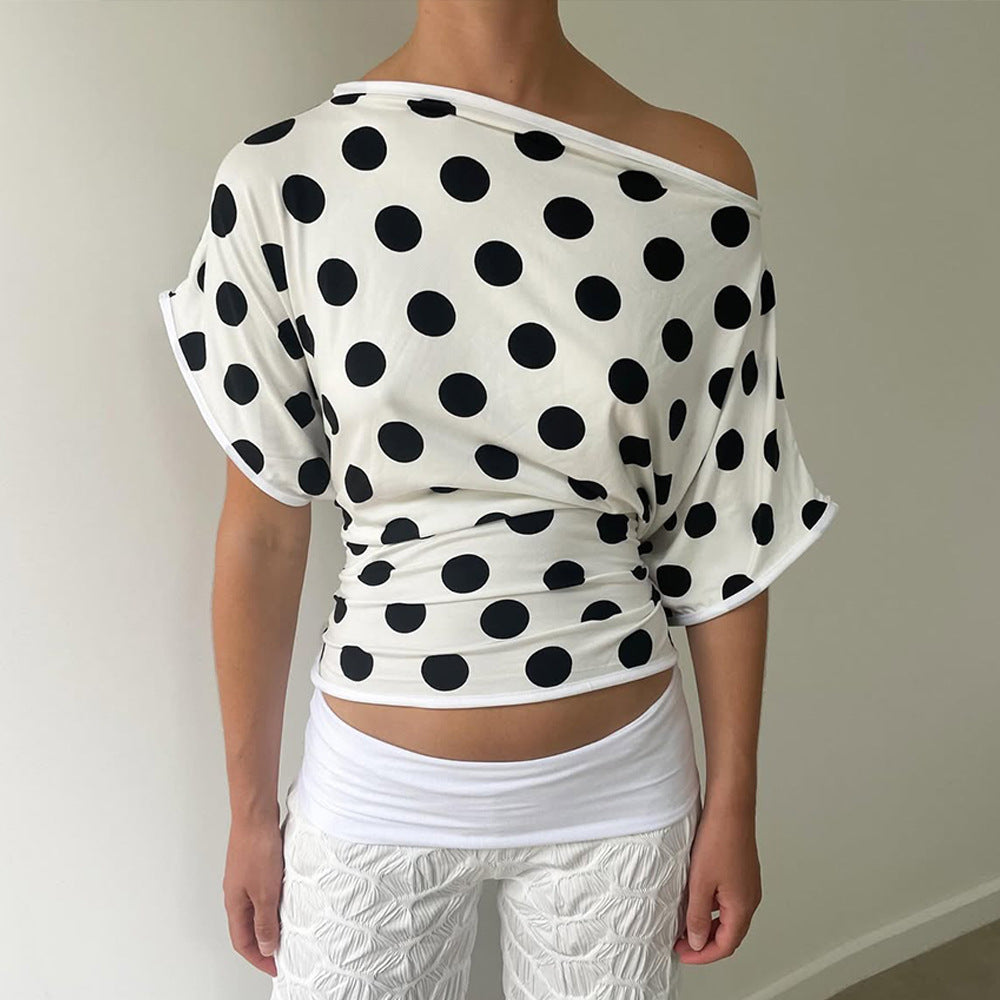 Women's Polka Dot Top Elegant Slant Shoulder