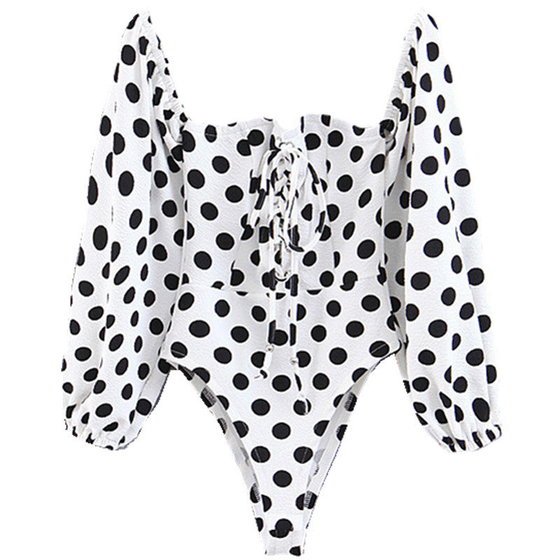 Vintage Polka Dot Off-Shoulder Shirt Jumpsuit