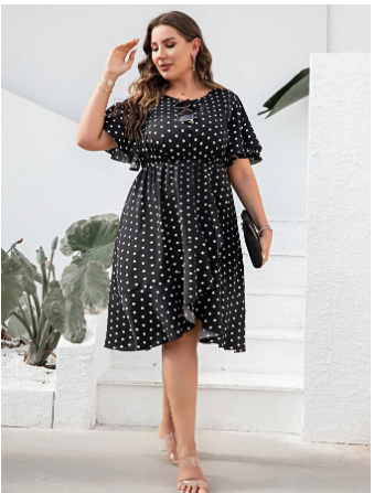 Plus Size Polka Dot Flutter Sleeve Dress (One Piece)