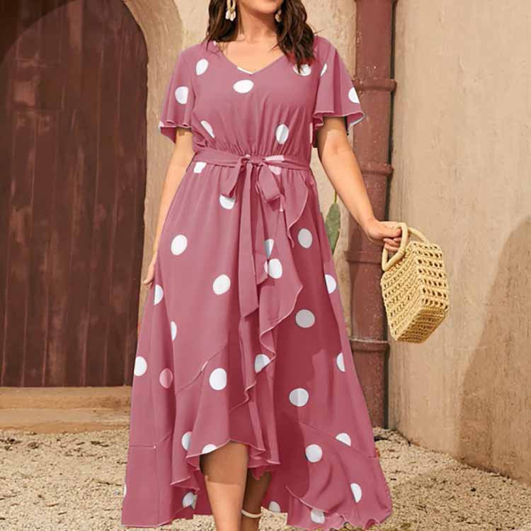 Plus Size Polka Dot V Neck Dress with Tie Waist 4XL