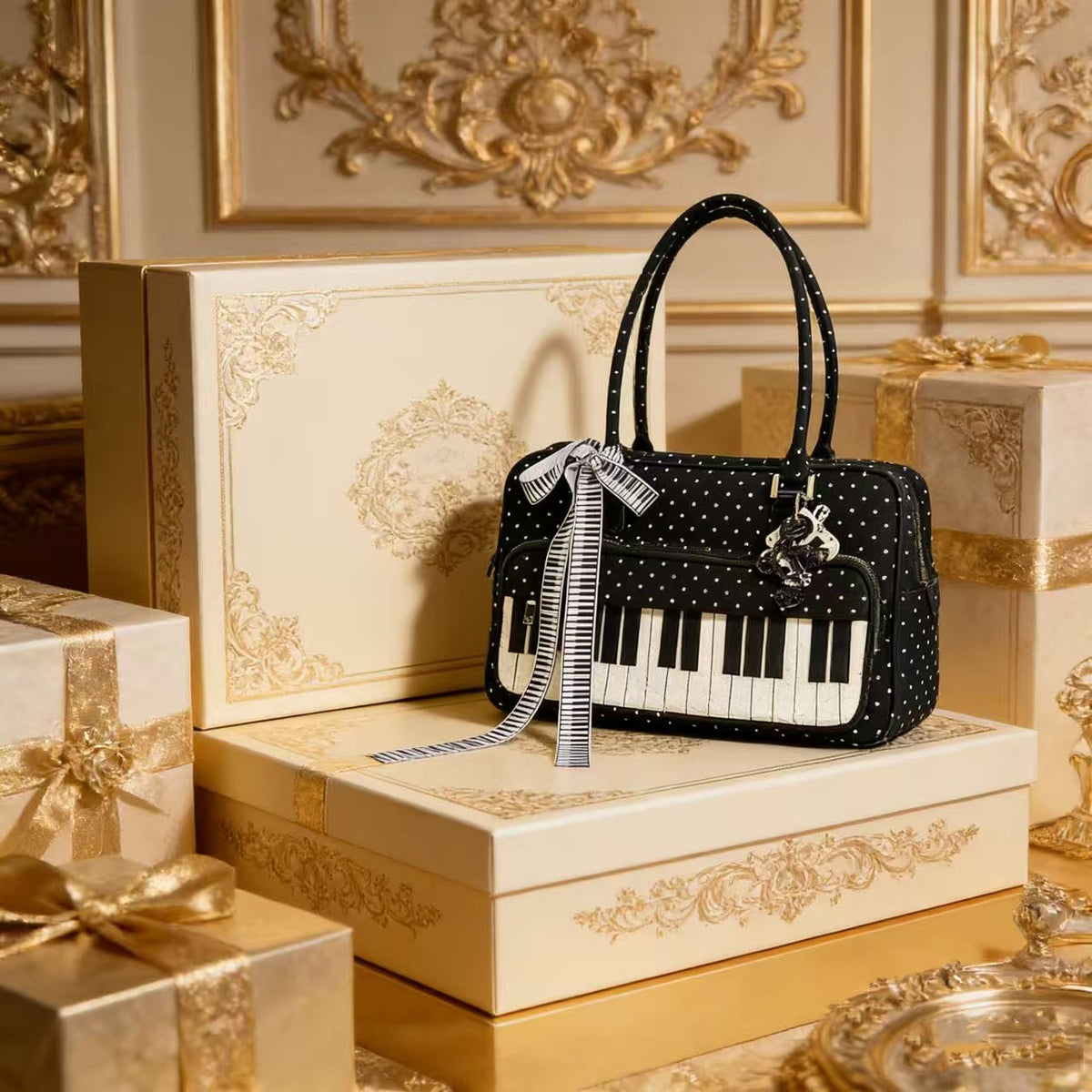 Lightweight Abeibi Polka-Dot Black And White Piano Key Shoulder Bag