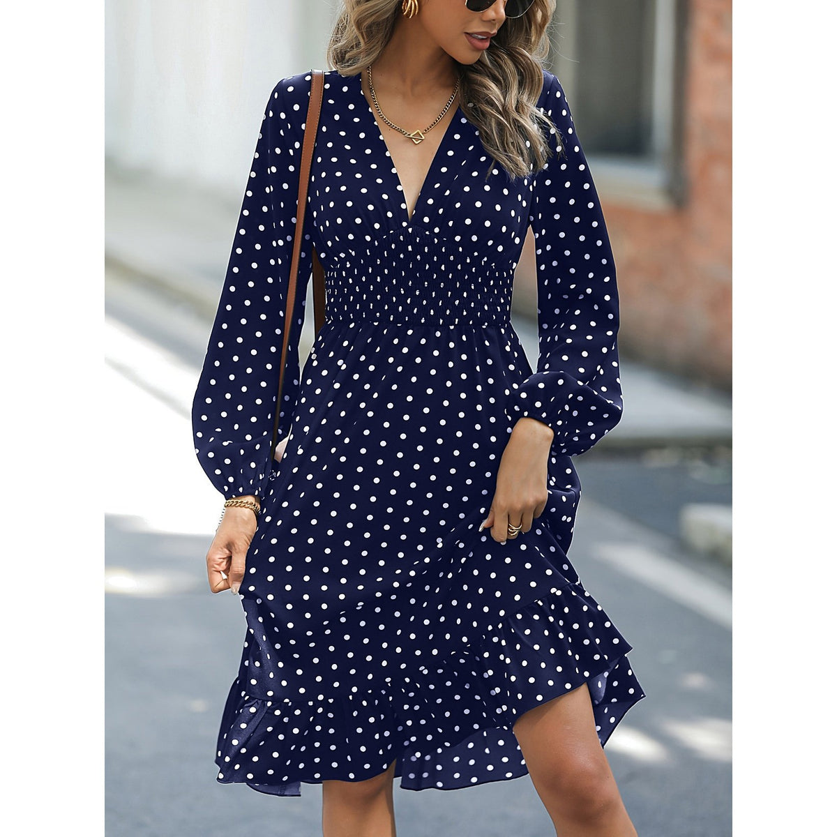 Polka Dot Long Sleeve Dress for Waist Slimming