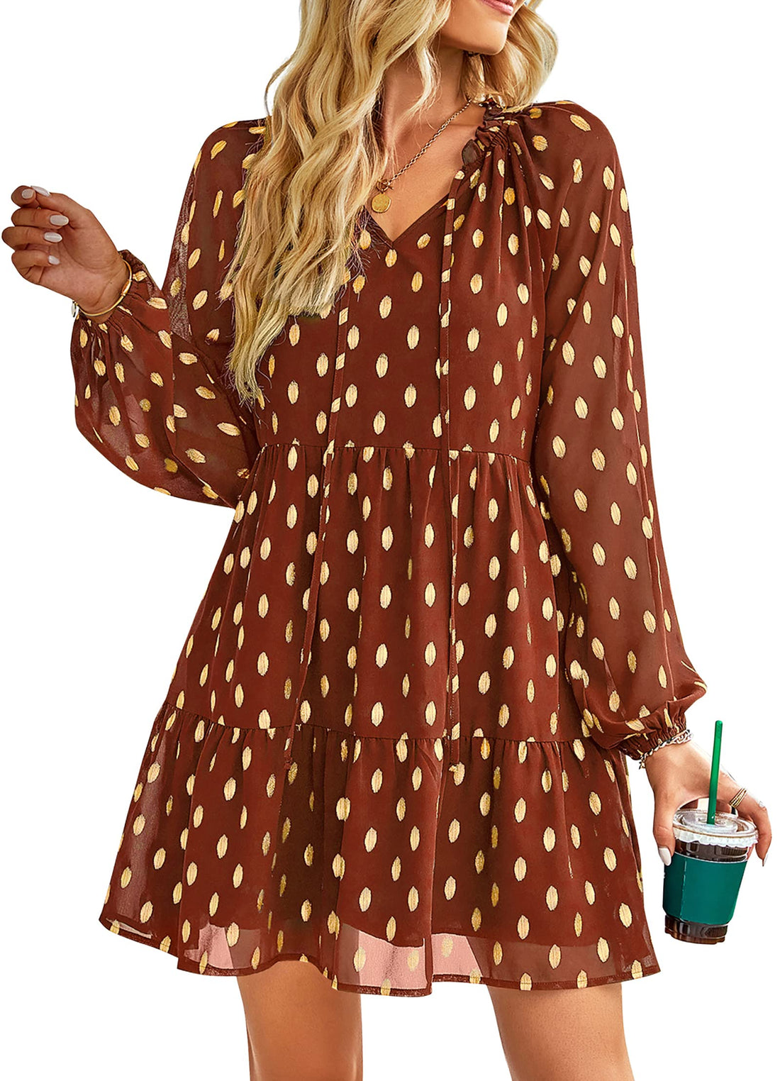 KIRUNDO Womens 2024 Fall Long Sleeve Gold Polka Dot Cute Babydoll Dress Casual V Neck Loose Tiered Flowy Mini Dress(Caremel Small)