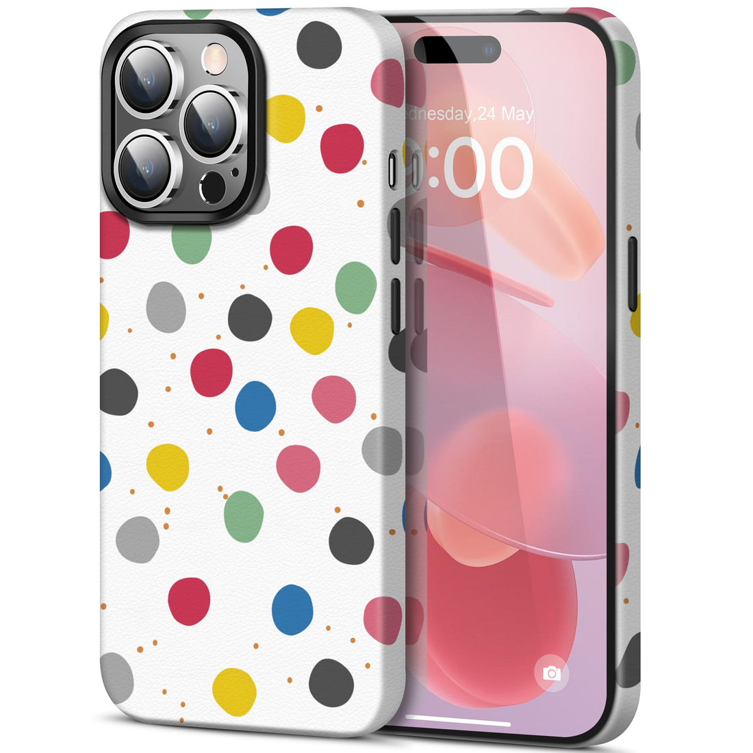 kingflag Vegan Leather Magnetic Case for iPhone 14 Pro Max Wireless Charging Compatible with MagSafe Metal Buttons Shockproof Protective Phone Case Cover for Women Men 6.7" (Rainbow Polka Dots)