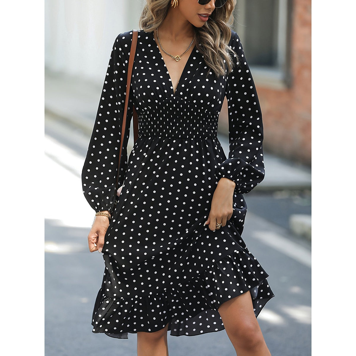 Polka Dot Long Sleeve Dress for Waist Slimming