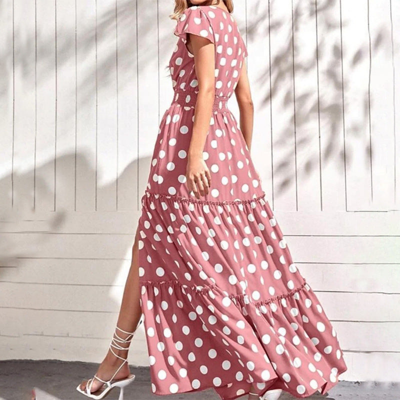 Polka Dot Split V-neck Dress