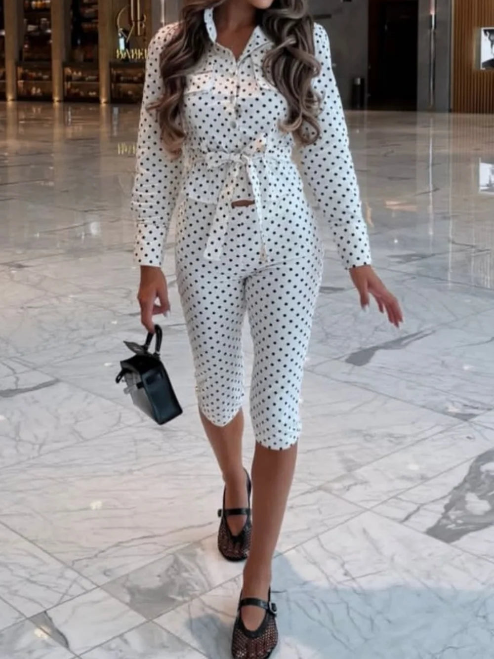 Elegant Polka Dot Two Piece Pant Sets Women Summer Long Sleeve Button Jacke