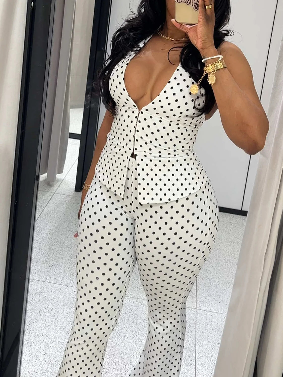 Polka Dot 2 Piece Set Women Summer Sexy Halter V Neck Crop Top And High Waist