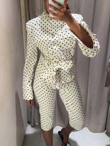 Elegant Polka Dot Two Piece Pant Sets Women Summer Long Sleeve Button Jacke