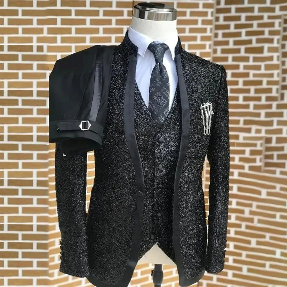 Fashion Dots Suits for Men Black Shawl Lapel Male Blazer Set Formal Wedding Party Tuxedos 3 Pieces (Jacket+Vest+Pants)