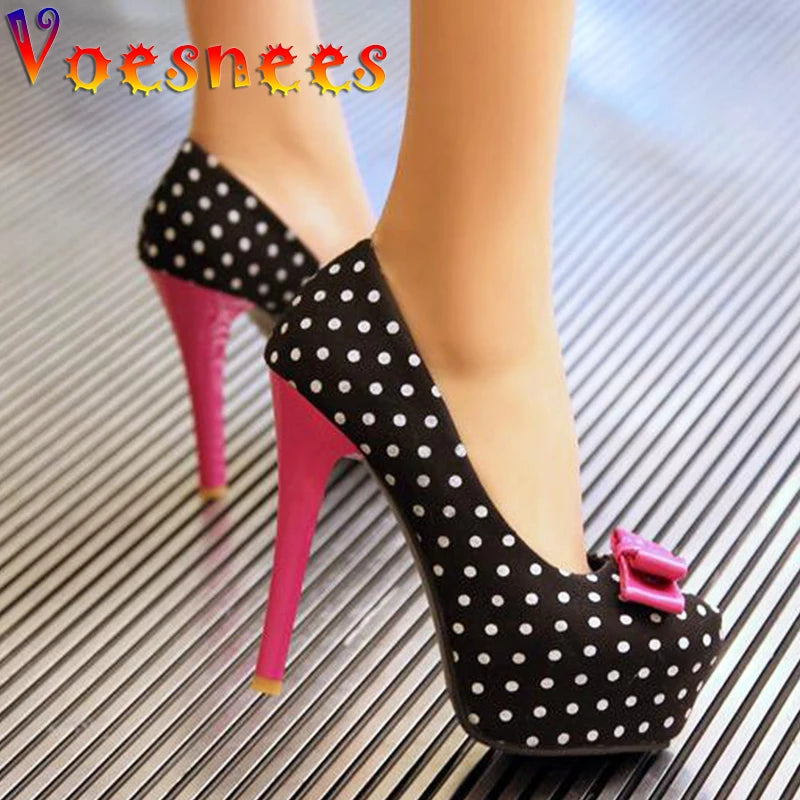 Spring Autumn Women's Pumps Sweet Bow Polka Dot High-Heeled