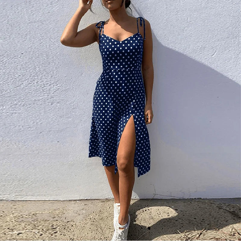 Dresses Sundress Summer Women Causal Polka Dot Sleeveless High Pleated