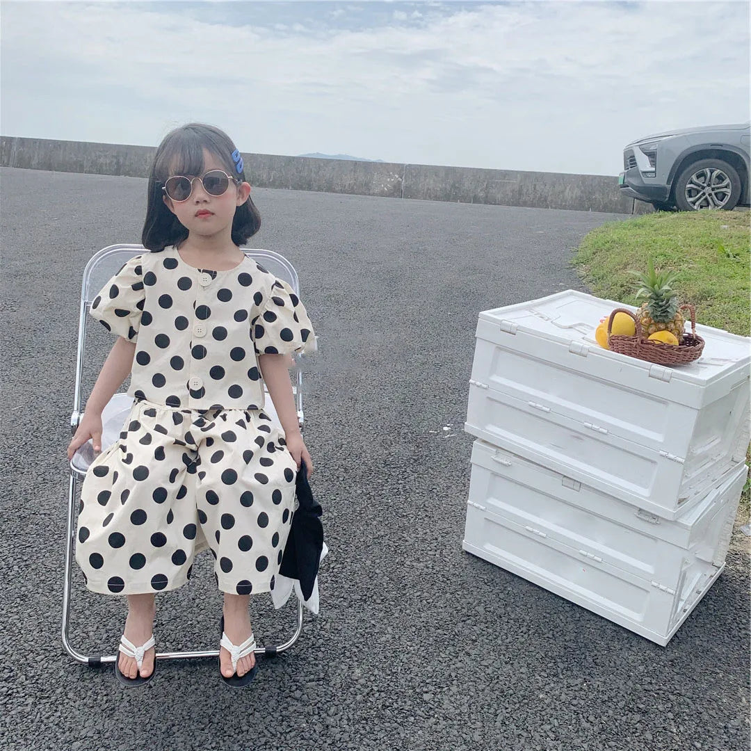 Summer Girls' Clothing Sets  Polka Dot Girls' Shirt Top+Culottes