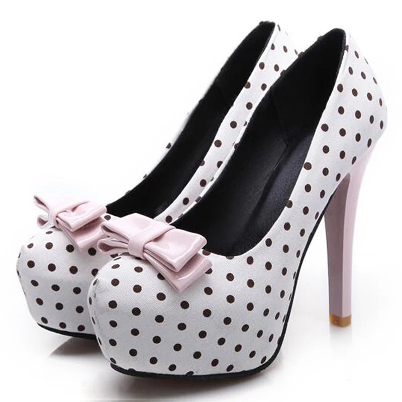 Spring Autumn Women's Pumps Sweet Bow Polka Dot High-Heeled