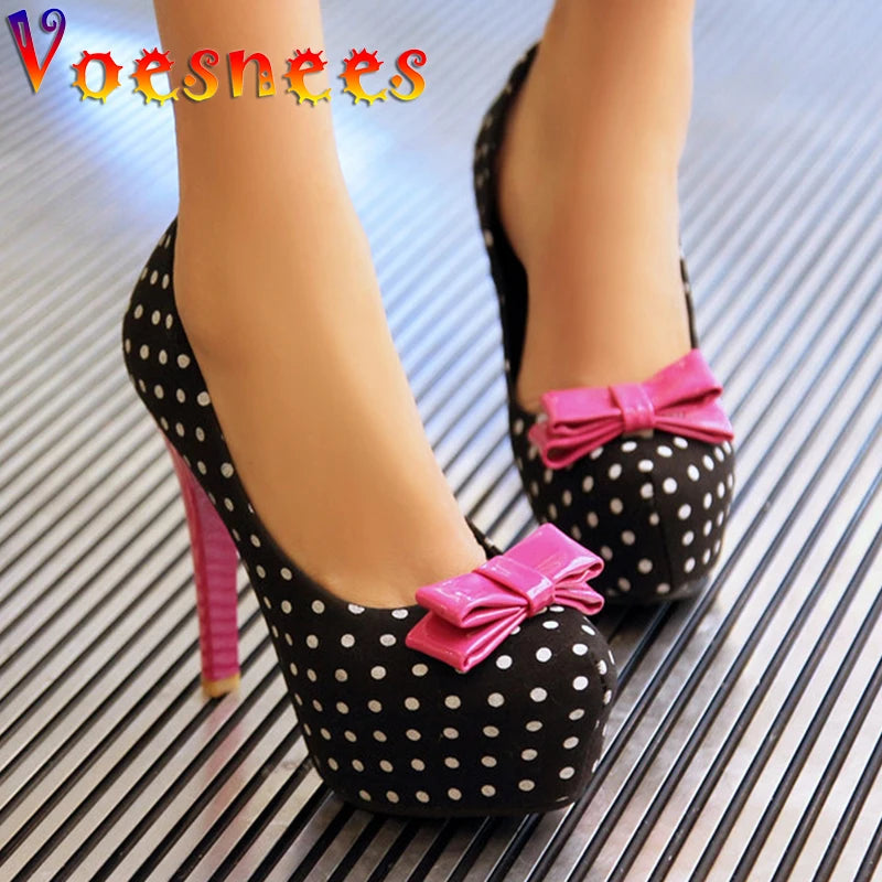 Spring Autumn Women's Pumps Sweet Bow Polka Dot High-Heeled