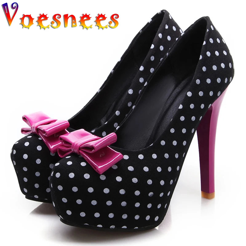Spring Autumn Women's Pumps Sweet Bow Polka Dot High-Heeled