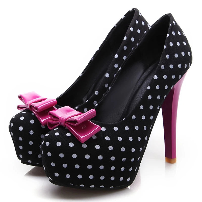 Spring Autumn Women's Pumps Sweet Bow Polka Dot High-Heeled