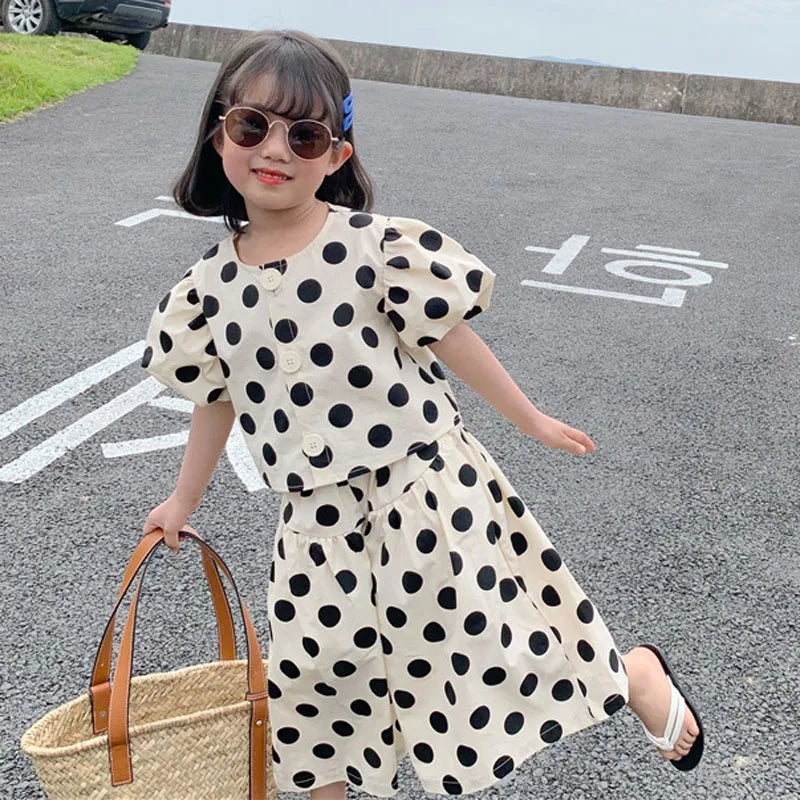 Summer Girls' Clothing Sets  Polka Dot Girls' Shirt Top+Culottes