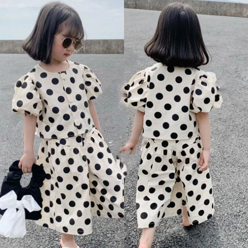 Summer Girls' Clothing Sets  Polka Dot Girls' Shirt Top+Culottes