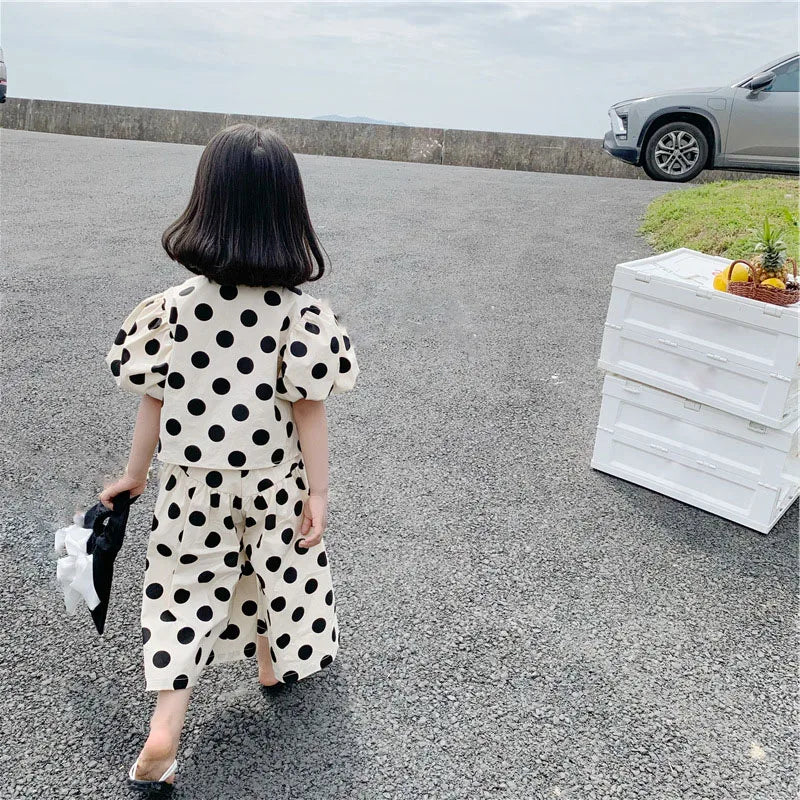Summer Girls' Clothing Sets  Polka Dot Girls' Shirt Top+Culottes