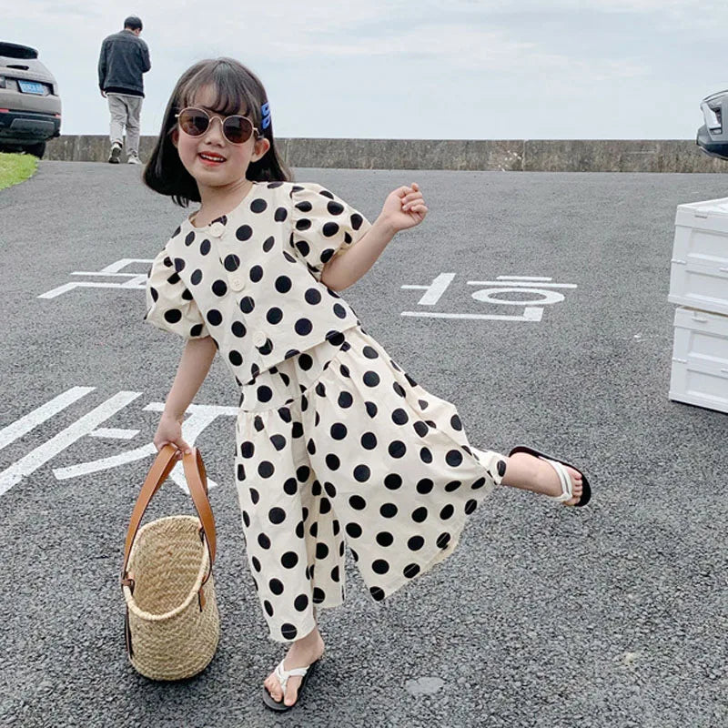 Summer Girls' Clothing Sets  Polka Dot Girls' Shirt Top+Culottes