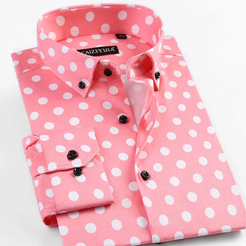 Men's Polka Dot Printing Long Sleeve Shirt Fashion Male Dress Shirts Casual Formal Cotton
