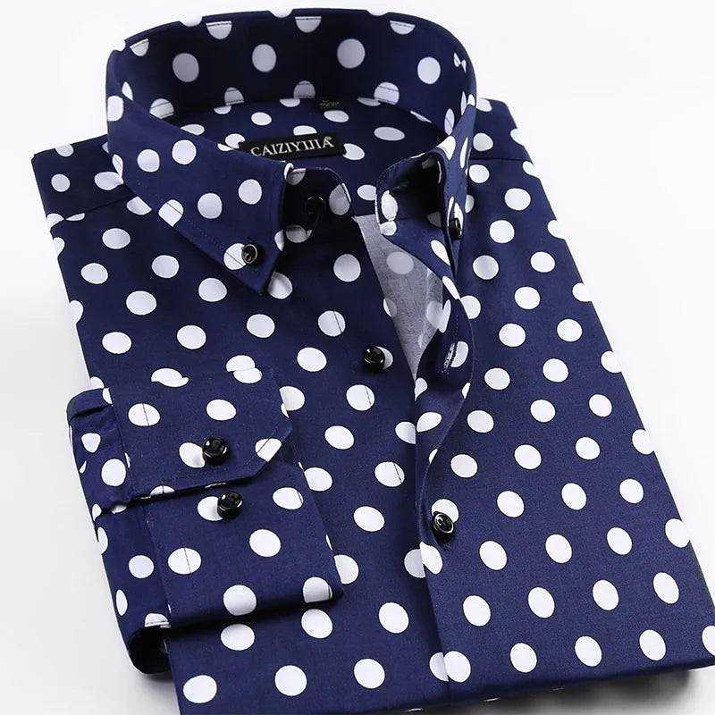 Men's Polka Dot Printing Long Sleeve Shirt Fashion Male Dress Shirts Casual Formal Cotton