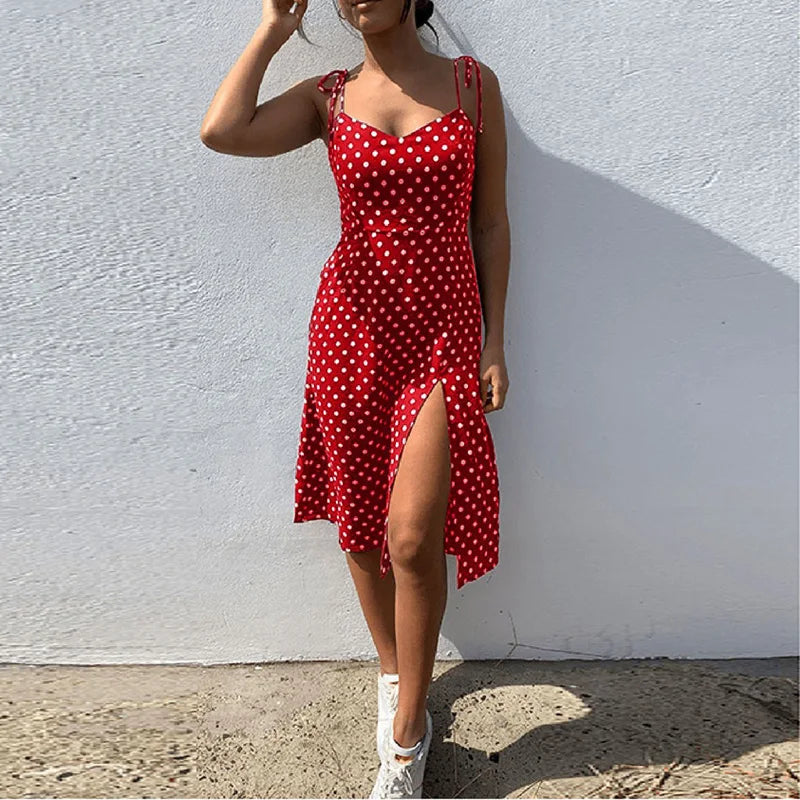 Dresses Sundress Summer Women Causal Polka Dot Sleeveless High Pleated