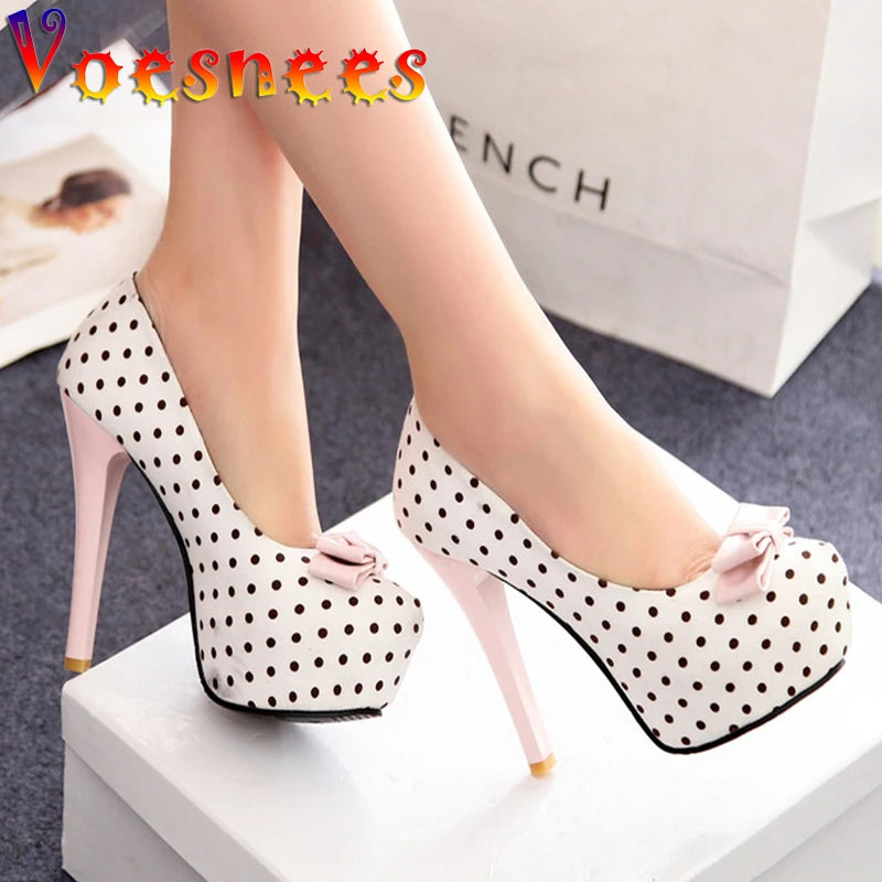 Spring Autumn Women's Pumps Sweet Bow Polka Dot High-Heeled