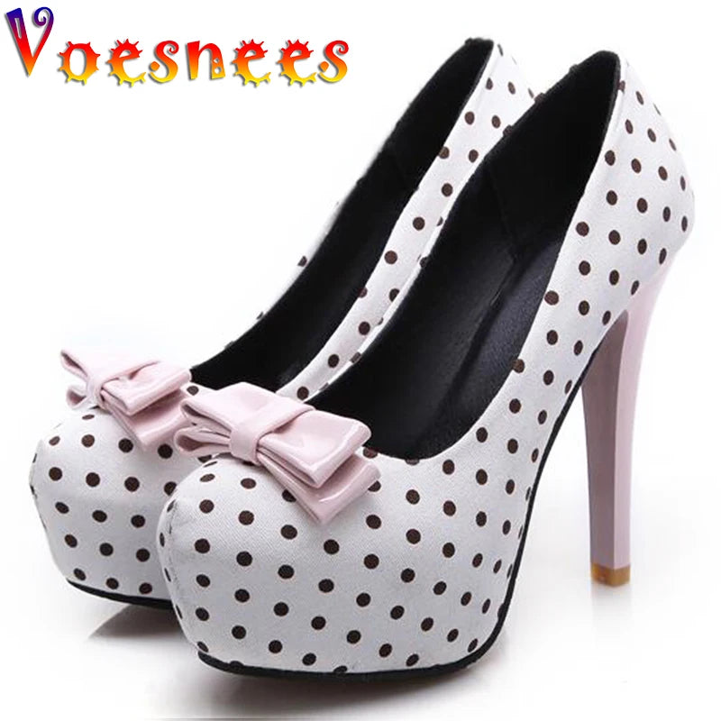 Spring Autumn Women's Pumps Sweet Bow Polka Dot High-Heeled