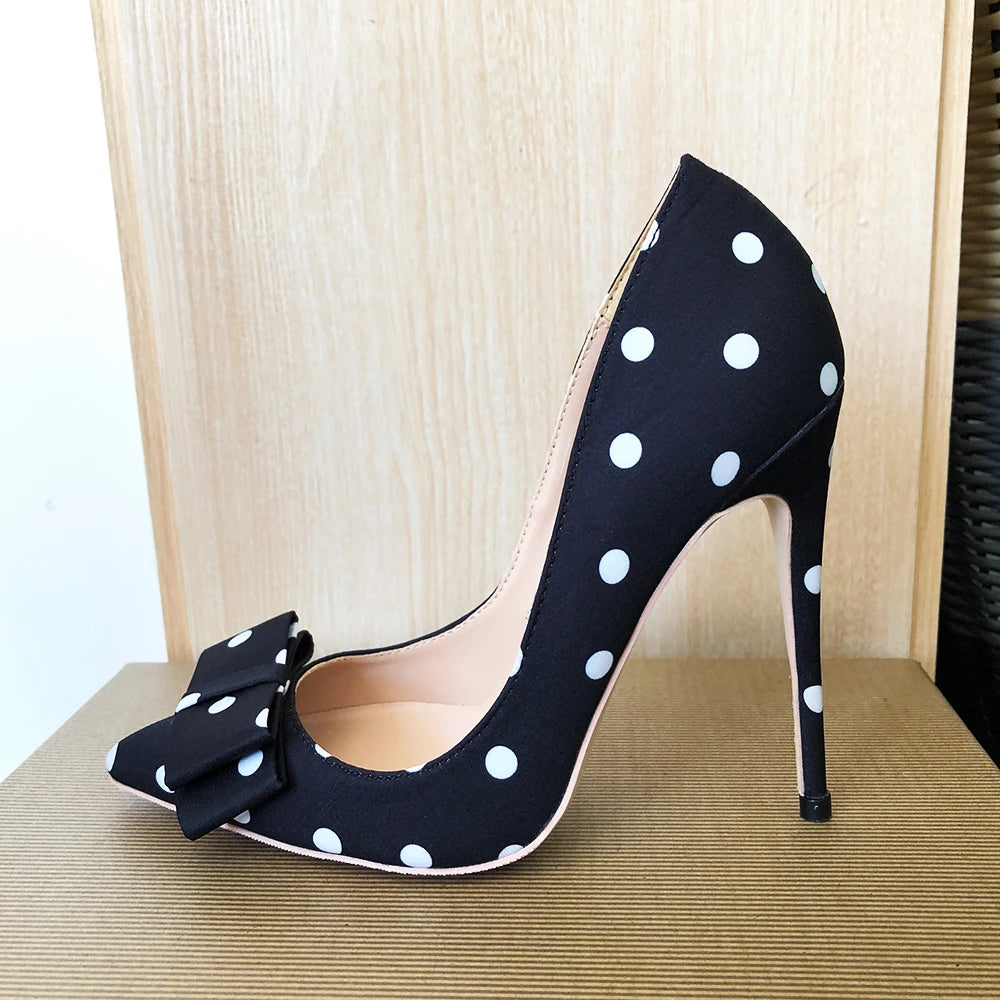 Tikicup Polka Dot Women Black Satin Stiletto High Heels with Bowknot Chic