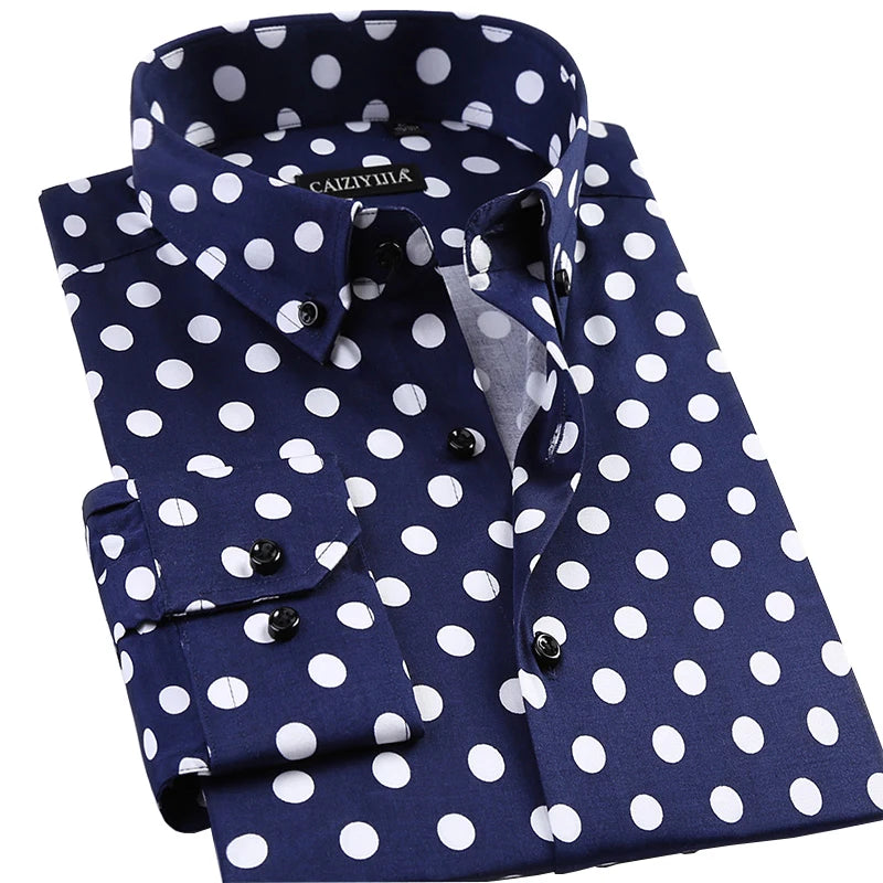 Men's Polka Dot Printing Long Sleeve Shirt Fashion Male Dress Shirts Casual Formal Cotton