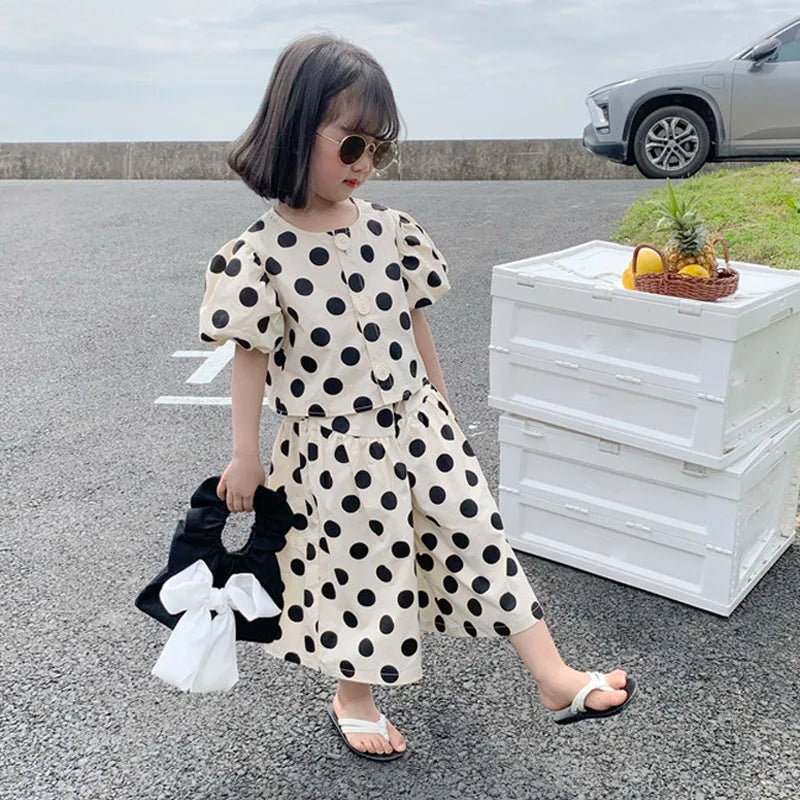 Summer Girls' Clothing Sets  Polka Dot Girls' Shirt Top+Culottes
