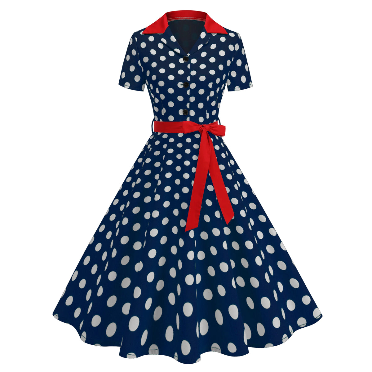 Tonval Contrast Notched Collar and Belt Polka Dot 50s Women Dresses