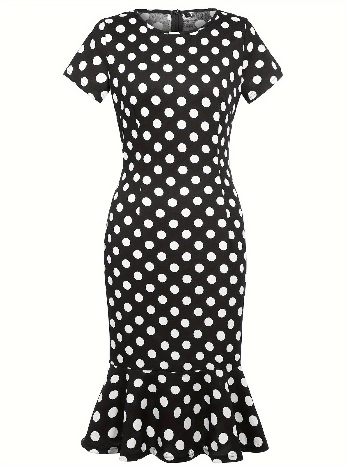 Polka Dot Knee-Length Pencil Dress with Ruffle Hem