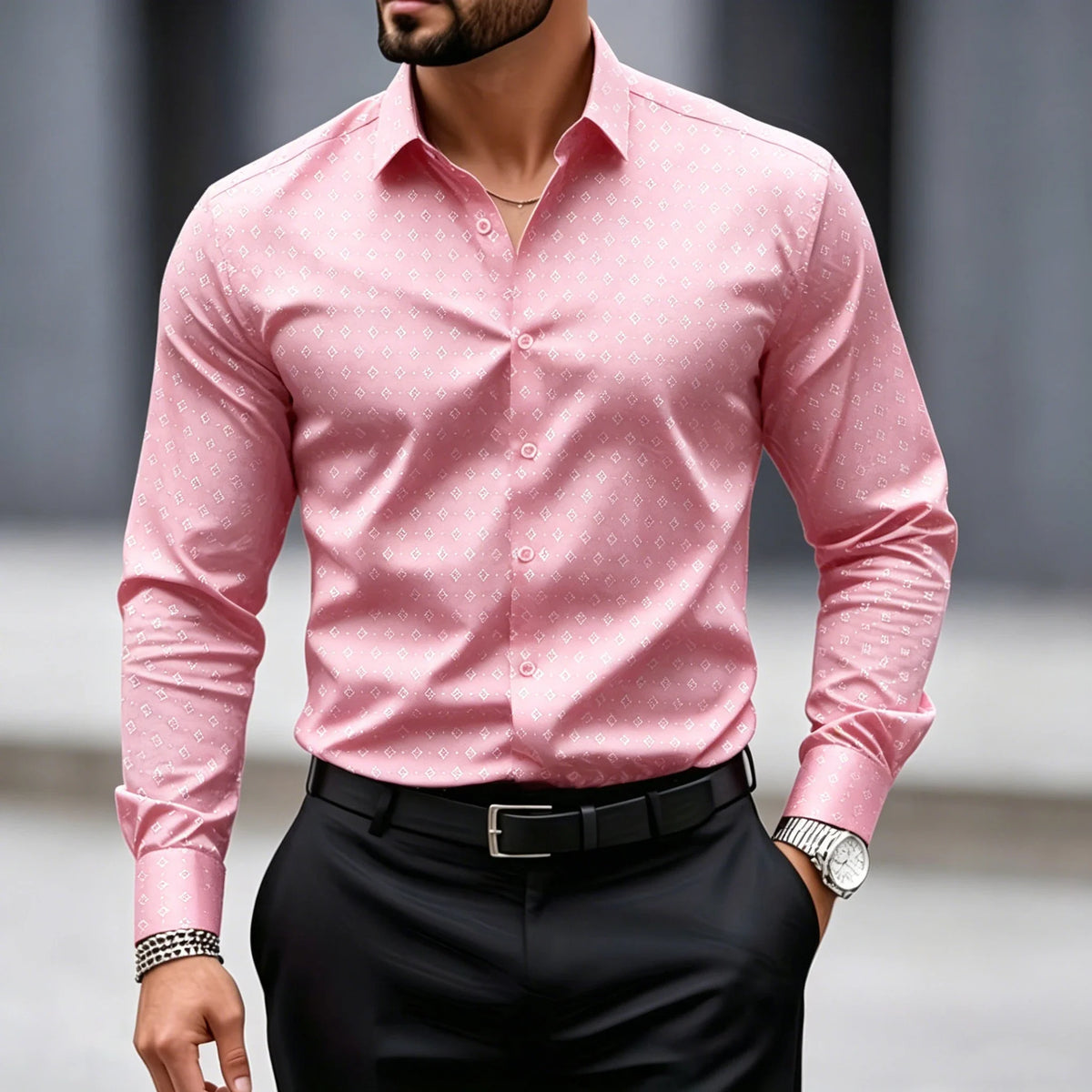 High end black fine geometric polka dot shirt for men slim fit long sleeved business suit
