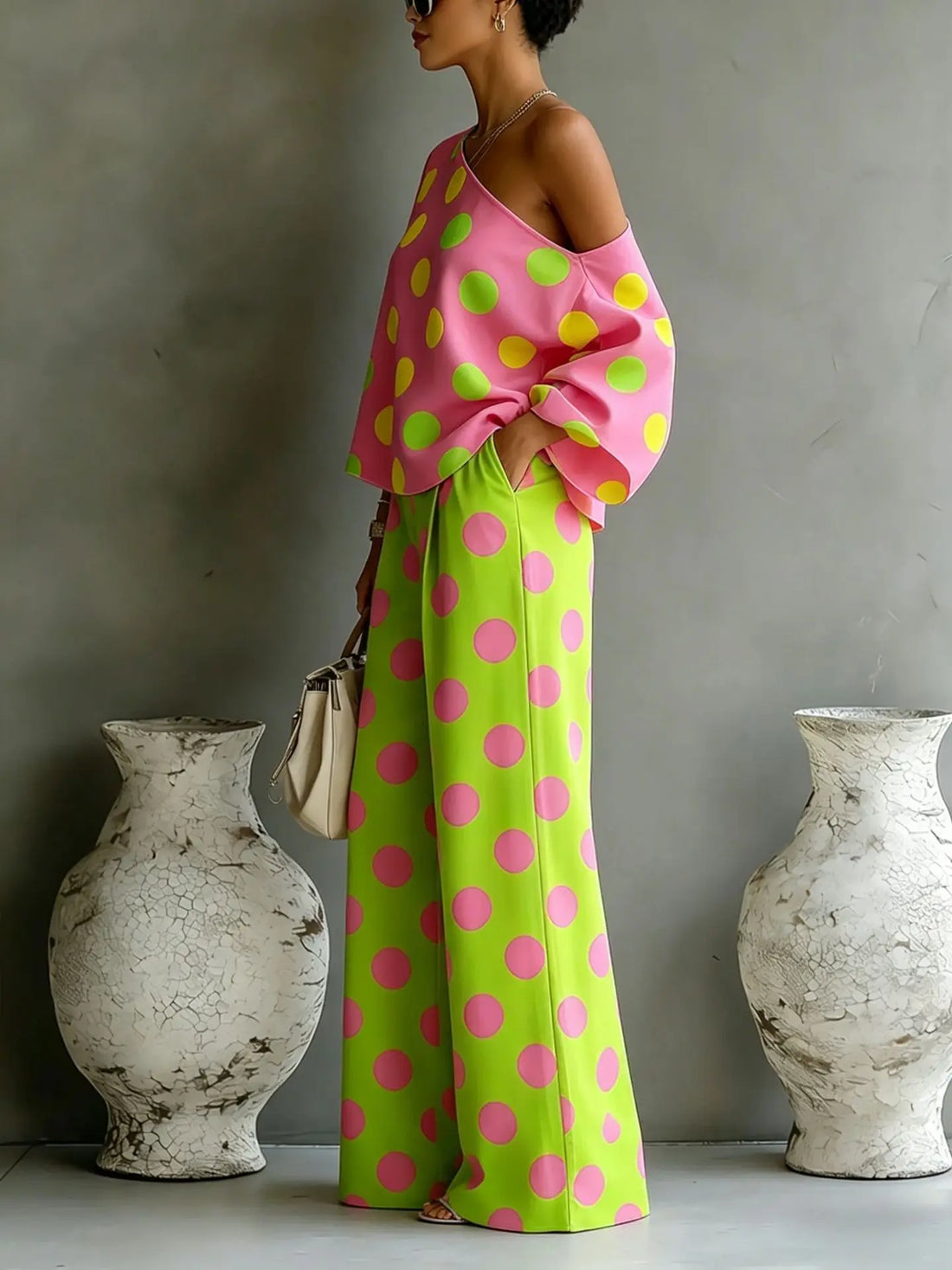 Women's Polka Dot 2-Piece Outfit Asymmetrical Off-Shoulder Blouse  High Waist Wide Leg Pants Vibrant Casual Matching Set