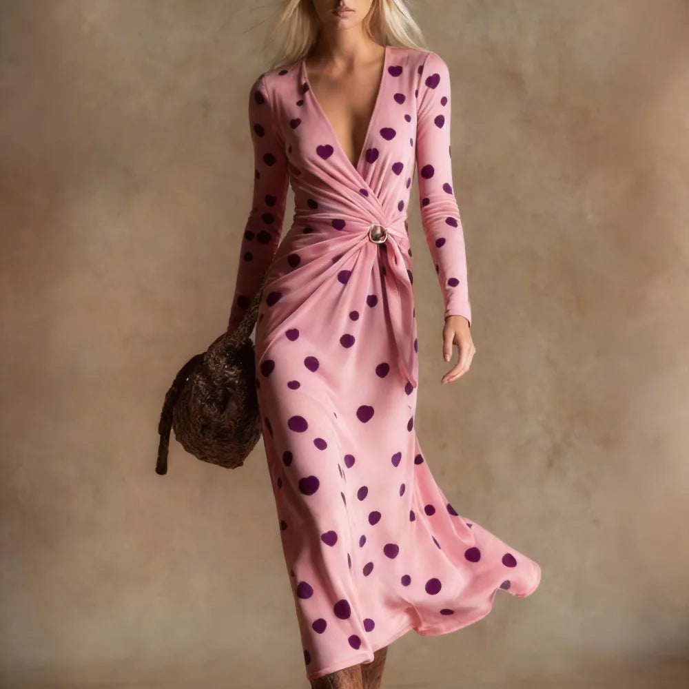 Women's Pink Purple Polka Dot Velvet Maxi Dress Colorful Long Sleeve