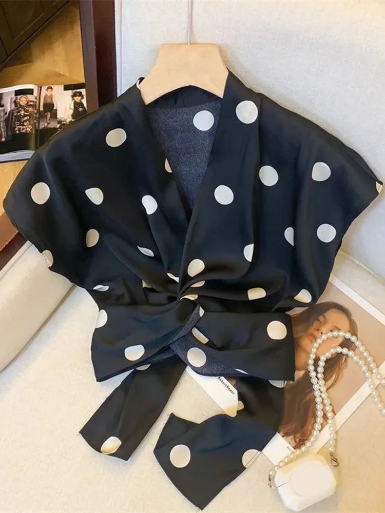Sexy Cropped Dot Shirt Women Vintage Slim V Neck Tops