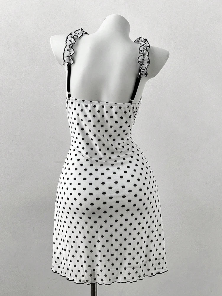 Plus Size Y2K Polka Dot Dress, Ruffle Trim Bow Front Cami Mini Dress