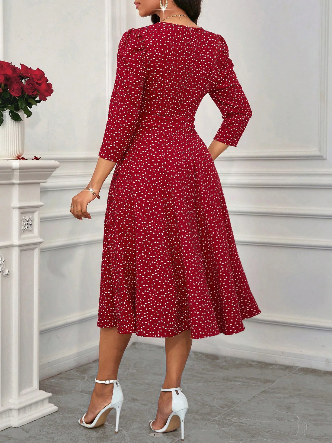 Women's Burgundy White Polka Dot Midi Dress V-Neck Sleeves A-Line Spring