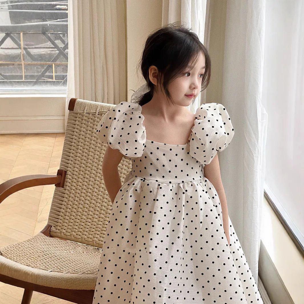 Girls Polka Dot Party Dress Summer Bubble Sleeves Princess