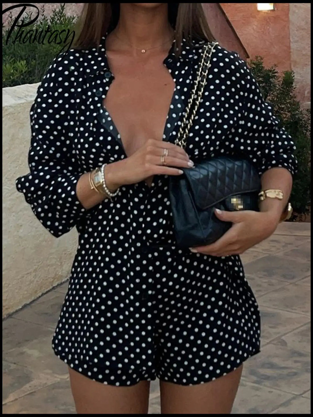 Women Black White Polka Dot 2 Piece Outfit Lapel Long Sleeve Shirt Elastic Waist